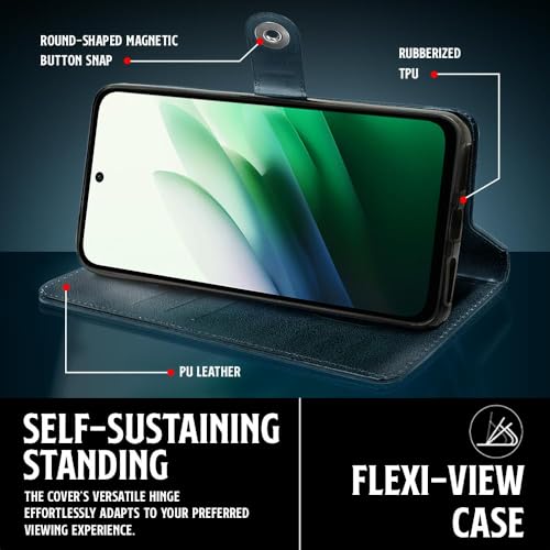 Image of WOW IMAGINE Shock Proof Flip Cover Back Case for Mi Redmi 15 5G (Magnetic Button Flip Case | Wallet Pockets & Stand | Leather Finish | Oxford Blue)