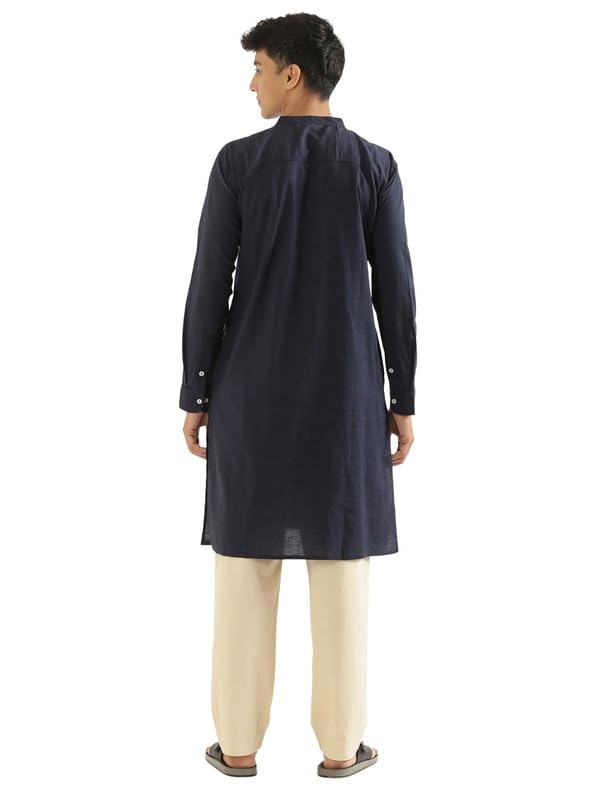 Image of SAADAA Men's Long Kurta - Linen Cotton Blend, Airy Fabric, Regular Fit, Mandarin Collar, Solid Color - Casual, Festive & Ethnic Wear