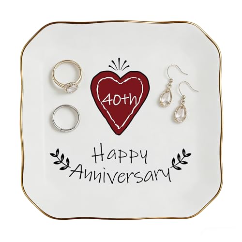 40 Year of Marriage Gifts for Couple - 40th Anniversary Wedding Gifts for Parents Couple - 40th Ruby Anniversary Unique Gift Ideas, Ceramic Ring Dish Holder with Red Heart, Jewelry Plate for Dresser