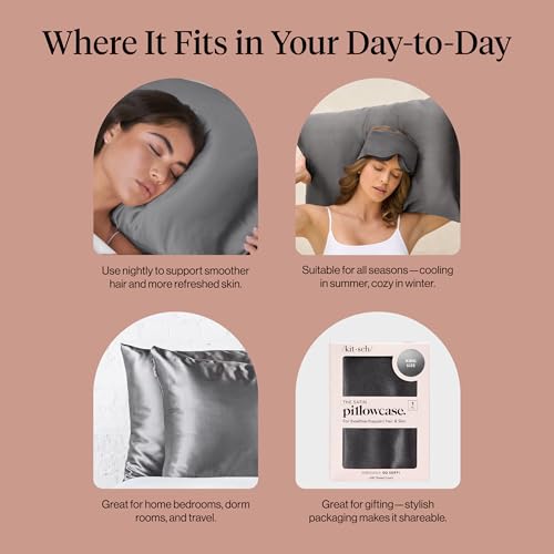 Image of Kitsch Satin Pillowcase with Zipper - King Size, Charcoal | Softer Than Silk Pillow Cases, Smooth Cooling Satin Pillow Case for Hair and Skin, Wrinkle-Free, Machine Washable
