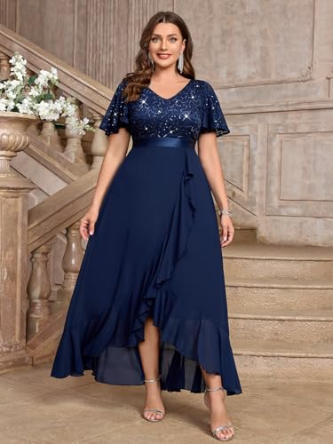 Image of MISSMAY Women's Plus Size V Neck Sequin Lace Butterfly Sleeves Formal Evening Party Long Dress