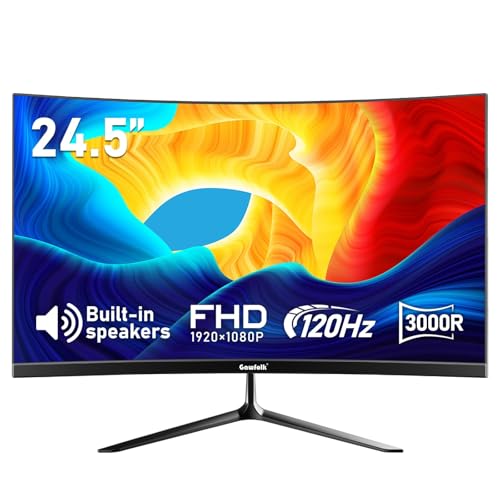 Gawfolk 24,5 Zoll Curved Monitor mit Eingebauten Lautsprechern, 3000R 120Hz PC Gaming Bildschirm Full HD 1920x1080P, HDMI 2.0, VGA, VESA 75 * 75mm