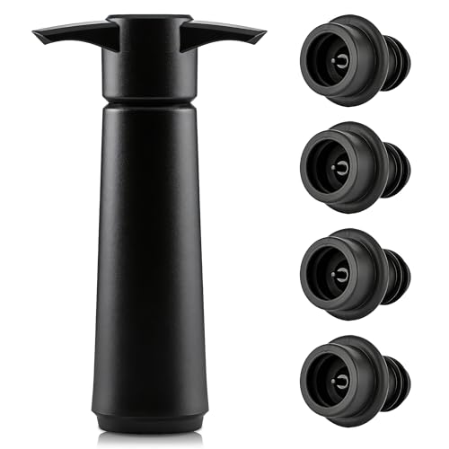AFIODA Wine Vacuum Pump with 4 Stoppers, Manual Wine Preserver Pump, Reusable Wine Bottle Stopper Set, Airtight Seal Keeps Wine Fresh Longer, Black Wine Saver Accessory