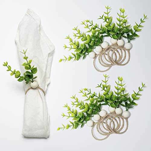 12PCS Eucalyptus Napkin Rings Set Farmhouse Wooden Napkin Rings Spring Rustic Green Leaf Napkin Rings for Wedding Family