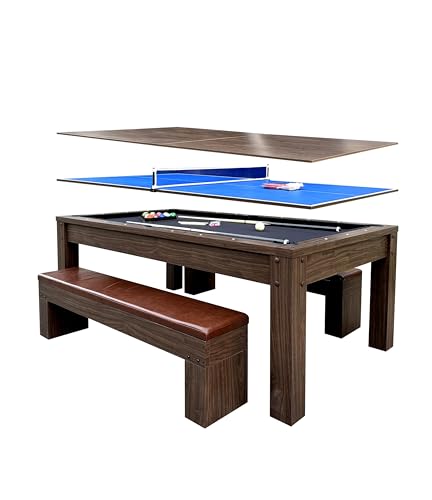 ComeWay 8ft Dining Pool Table Combo with Game Accessories, 3-in-1 Multi-Functional Game Table with Ping Pong & Dining Top & 2 Benches, for Play & Dining