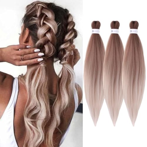 EMMOR Pre Stretched Braiding Hair 3 Packs Braid Crochet Hair 24 Inch Hot Water Setting Professional Soft Yaki Texture(Ombre Light Brown)