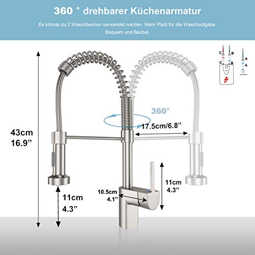 HUAHOMDY Modern low pressure kitchen tap 360° schwenkbarer Mischer Ausziehbarer Wasserhahn für die Spüle Mit drei 3/8"-Schläuchen aus Edelstahl Alle Montageteile enthalten - Image 7
