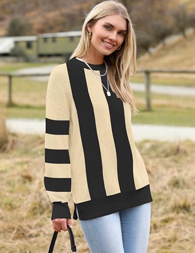 Image of Zeagoo Women 2026 Fall Lightweight Oversized Sweater Crew Neck Long Sleeve Color Block Pullover Rib Knit Blouse Tops XS-2XL