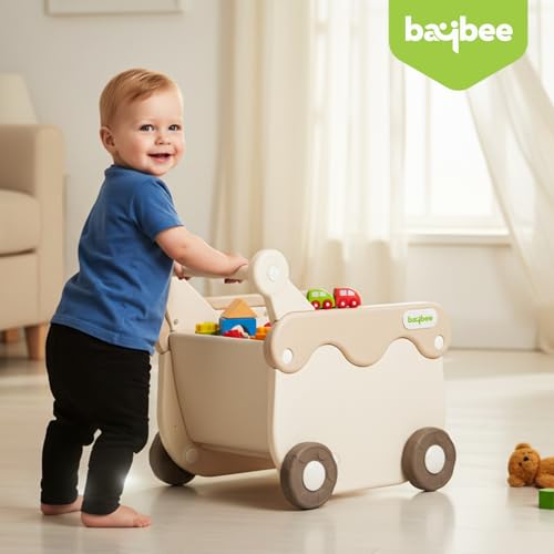 Image of Baybee 2 in 1 Push Walker with Shopping Cart for Kids | Smooth Rolling Wheels, Rounded Edges, WideToy Storage Organizer | Walking Support for Baby Boys & Girls 0-3 Years (White & Brown)