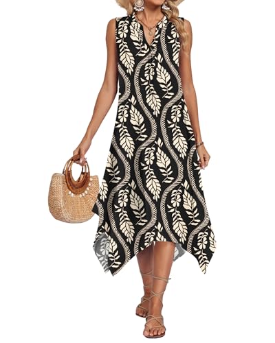 Image of AUSELILY Womens Summer Midi Dress V Neck Sleeveless Casual with Pockets | Flowy womens summer dress with asymmetrical hem, great for beach, vacation and daily wear