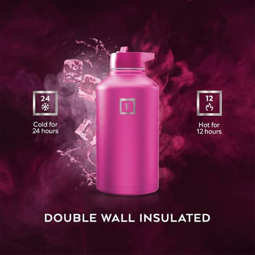 Image of IRON FLASK Camping & Hiking Hydration Flask with Straw, Wide Mouth Insulated Stainless Steel Sports Water Bottle - Pink Tulip 64 oz - Straw (1 Lid)