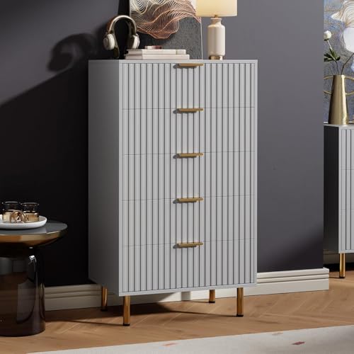 GarveeHome Fluted 5 Drawer Dresser for Bedroom, 48 in Tall Modern Chest of Drawers with Deep Drawers and Wide Top, Wooden Dresser Organizer for Living
