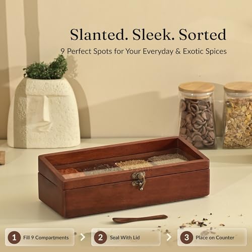 Image of Brick Brown Premium Handcrafted Wooden Prism Masala Box with Wooden Spoon | 9-Compartment Spice Box Organizer with Acrylic Lid | Masala Dani Namak Dani Dabba | Masala's Container Popula Dabba