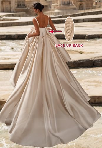 Satin Wedding Dresses for Bride 2025 Spaghetti Straps Corset Beaded Puffy Long Bridal Gowns for Beach Wedding4