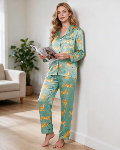 Image of Satin Pajamas for Women Set Long Sleeve Silk Pj Sets for Comfy Sleepwear with Pants Ladies Button Down Lounge Set