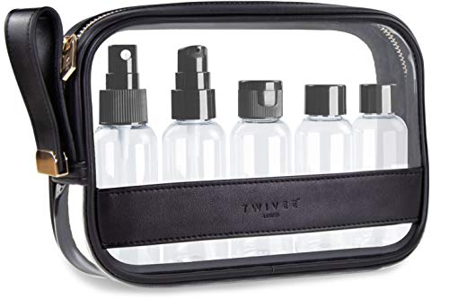 Preisvergleich Produktbild TWIVEE Luxury - Transparenter Kulturbeutel mit Reiseflaschenset - 1 Liter - Reiseset - Unisex - Handgepäck Flüssigkeiten (schwarz - Gold)