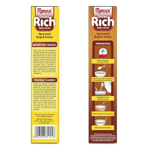 Image of Manna Baby Cereal,Baby Food (6+Months) Sprouted Ragi with Dates Powder, Zero Added Sugar, No Artificial Colours, No Artificial Flavours, 400g (200g, Pack of 2)