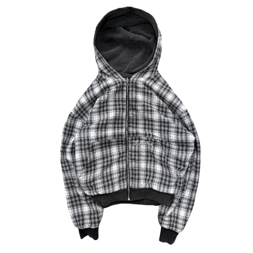 Y2k Grunge Plaid Zip Up Hoodie Men Streetwear Jacket Oversized 2000s Graphic Hoodie Fall Baggy Rapper Sweatshirts (Black plaid,L)