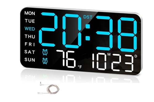 Image of 9 inch LED Digital Wall Clock with Date, Day, Temperature Display & Dual Alarm - USB Powered, Adjustable Brightness - Ideal for Bedroom, Office, Seniors, Home Decor (9 inch REC Blue & White)