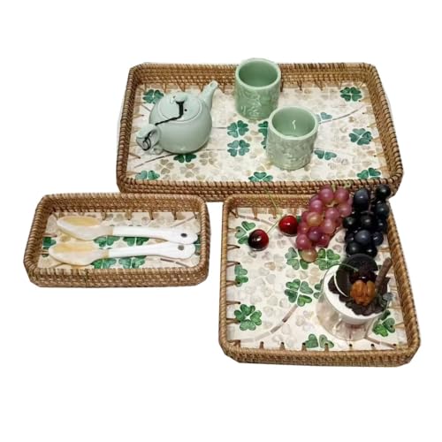Vassoio da portata in rattan con inserto in madreperla, confezione da 3 cestini rettangolari decorativi bohémien, per colazione, piatti da portata per pane, frutta, cibo, caffè (erba a quattro foglie)
