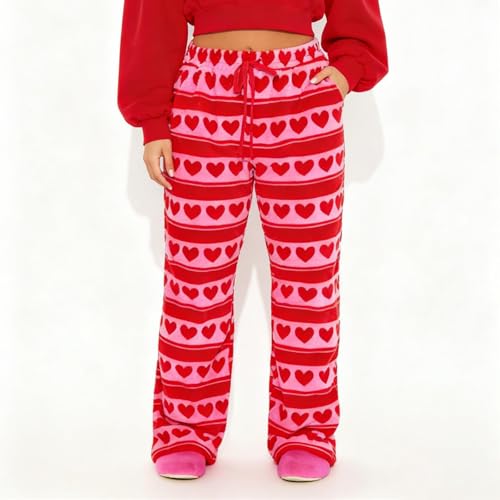 Image of Valentine's Day Flannel Pants Women's Romantic Heart Print Elastic Drawstring Waistband Wide Leg Loose Fit Trousers