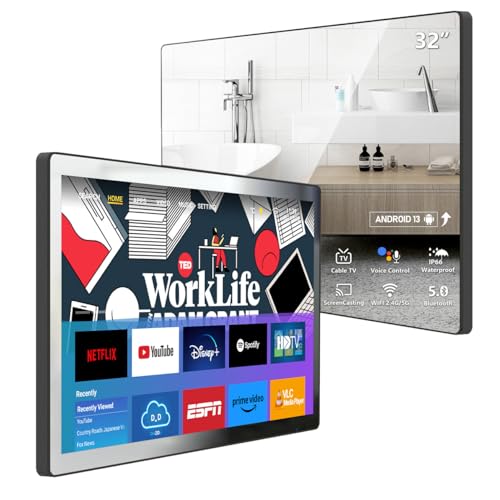 Leotachi 32 inch IP66 Waterproof Android 13 Smart Mirror TV for Bathroom and Bedroom - 4K UHD, Digital Mirror Built-in Voice Assistant, ATSC Tuner, Bluetooth, WiFi, HDMI