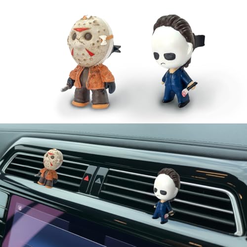 Image of GENANY 3D Resin 2Pcs Horror Car Air Freshener Vent Clip, Hand Painted Hockey Mask and Pale Mask Mini Figure Designs, Gothic Automotive Freshener, Scary Car Accessories Gift for Horror Movie Fans
