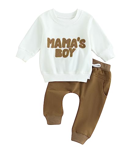 Image of Baby Toddler Boys Fall Winter Outfits Little Dude Letter Printed Long Sleeve Sweatshirts Pants 2Pcs Clothes Set (Mama's Boy-Brown, 6-12 Months)