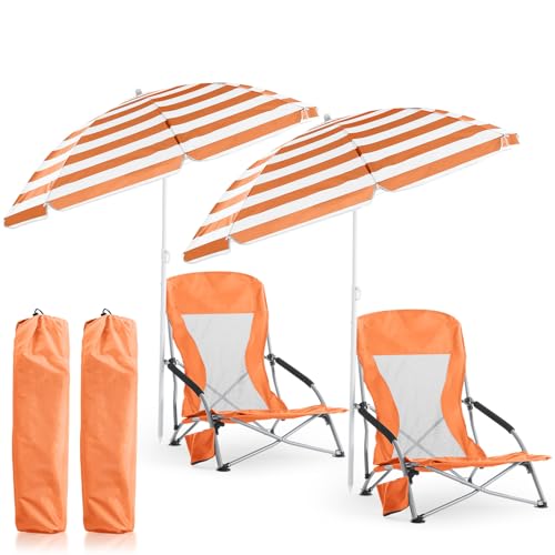 Huwena 2 Pack Beach Chairs with Umbrella for Adults, Low Folding Chair Set, Adjustable Detachable Umbrella, Lightweight Portable with Cup Holder & Carry Bag, for Beach Camping Travel(Orange)