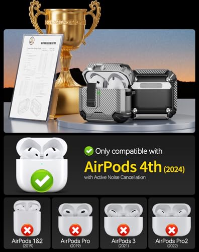 Image of Pohgelan Compatible with AirPods 4 Case Carbon Fiber Texture(Gray) | Magnetic Automatic Lock with Phone Stand & Cleaning Kit,Compatible with Magsafe