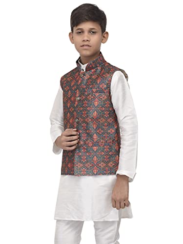 Image of Benstoke Boys Silk Blend Dark Green & Orange Printed Nehru Jacket