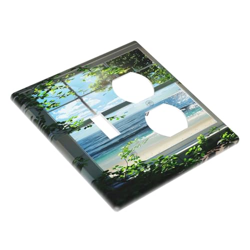 Decorative Outlet Covers Window Beach Seascape View Green Leaves 2 Gang Wall Plate Cover Single Toggle Duplex Combo Two Switch Light Switch Cover Plate Jumbo Dual GFCI Faceplate