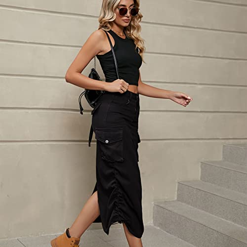 Lu's Chic Women's Long Skirt Pleated Elastic Waist Tea Length Jean Drawstring Casual Pocket Cargo Mid Rise4