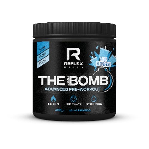 Reflex Nutrition The Muscle Bomb Caffeine Pre Workout Powder - 350mg Caffeine, 9g Citrulline Malate, 2.5g Beta Alanine - Energy, Pump & Focus for Explosive Workouts (Blue Raspberry, 400g, 20 Servings)