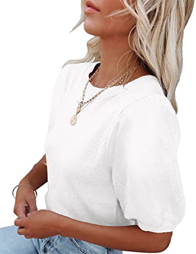 Image of Womens Short Sleeve Sweaters Crewneck Knit Pullover Tops 2025 Summer Casual Lightweight Crochet Blouse Shirt