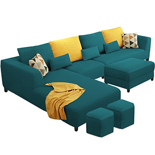 Image of Casaliving Minta 8 Seater L Shape Sofa Set with Ottoman & 2 Puffy for Living Room (8 Seater LHS, Pine)