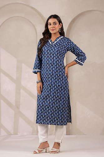 Image of Ichaa Women's Pure Cotton A-Line Ethnic V-Neck Kurta with 3 /4th Sleeve for Daily and Office Wear, in Plus Sizes