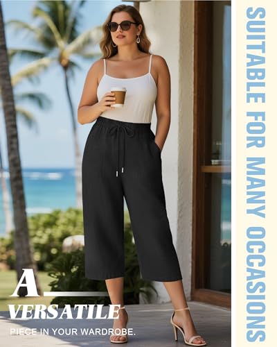 Riyiper 2 Pack Women's Plus Size Cotton Linen Capri Pants, Wide Leg High Waist Palazzo Casual Drawstring Trouser with Pockets4