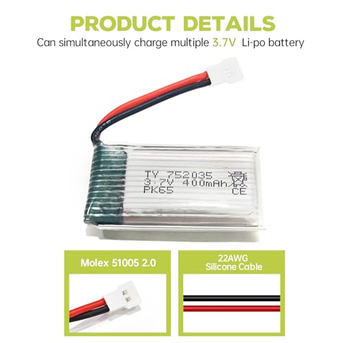 ZYGY 5Stück 3.7V 400mah Lithium Akku mit 5in1 Ladegerät für H99W H31 H6C H98 AT-96 TR-C385 TR-P51 TR-F22 RC Drohne (Rot)