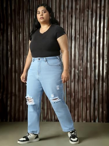 Image of High Star Plus Size Women Cotton Washed Mom Fit High-Rise Jeans