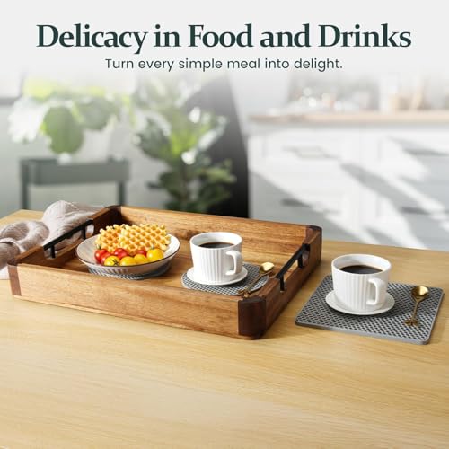 Image of Wooden Serving Tray for Home and Kitchen | Acacia Wood Large Rectangular Tray with Handles for Resturant, Cafe, Breakfast, Multipurpose Organzier | (Food Safe Oil Finish) (Manna)