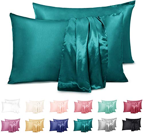 Duerer 2 Pack Silky Satin Pillowcases for Hair and Skin Standard/Queen/King Size Pillow Case with Envelope Closure (Teal, 50 x 66 cm)