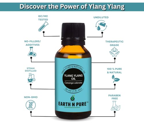 Image of Earth N Pure Ylang Ylang Essential Oil | 100% Pure & Natural | Steam Distilled & Undiluted | For Relaxation, Skin & Hair Care | 30ml