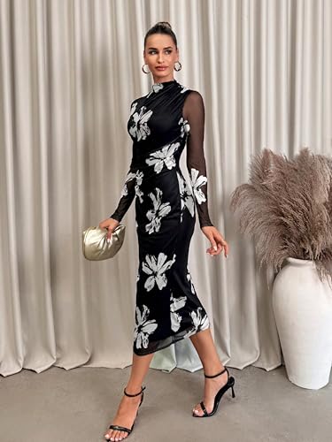 Image of Women's Summer Mesh Sheer Long Sleeve Midi Ruched Bodycon Dress Mock Neck Elegant Evening Party Cocktail Dresses