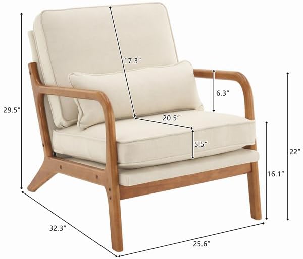 Modern Adult Indoor Lounge Chair, Off-White, Solid Wood Armrest Linen, 65 x 75 x 81 cm(L x W x H), 30.86lbs / 14kg, Reading, Relaxing