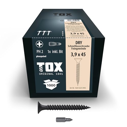 Image of TOX Drywall Screws 3.9 x 45 mm, Magazined for Quick Installation with Magazine Screwdriver, Fine Thread, Plasterboard on Metal Substructure, Pack of 1000 in Box, 142453253945