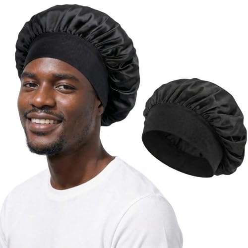 JILLICK Satin Sleep Cap with Wide Soft Band for Hair Protection & Moisture - Reversible Bonnet for Men Lightweight Nightcap for Curly & Wavy Hair Care Frizz & Breakage Prevention (Black)