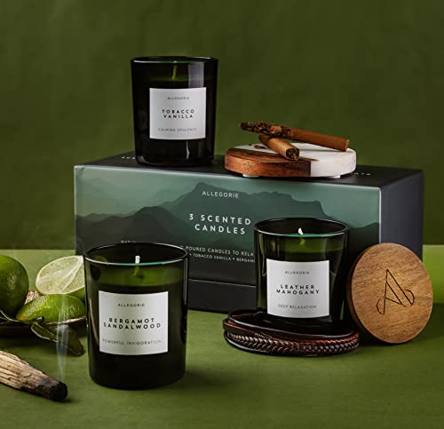 Set of Three Scented Candles for Men | Masculine scents of Bergamot & Sandalwood. Leather & Mahogany, Tobacco & Vanilla | 3 x Natural Soy Wax Candle for Men (5.6oz) - Image 3