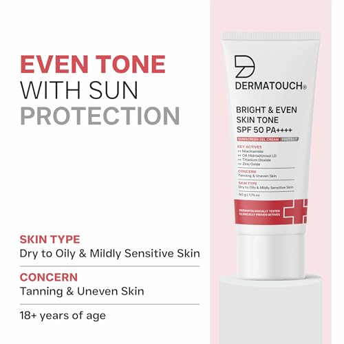 Image of DERMATOUCH Bright & Even Skin Tone SPF 50 PA++++ Sunscreen Gel with Dermawhite WF, Niacinamide, Arbutin & Campo Songyi Extract | Broad Spectrum UV Protection | Helps Reduce Tanning & Uneven Skin Tone | Lightweight Gel for Dry to Normal & Combination Skin | 50g