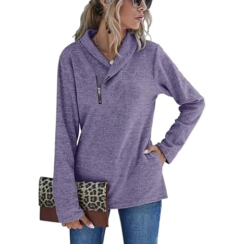 Romanstii Womens Cowl Neck Sweatshirt Quarter Zip Pullover Long Sleeve Lightweight Sweater Shirt Top with Pockets Purple L Cover